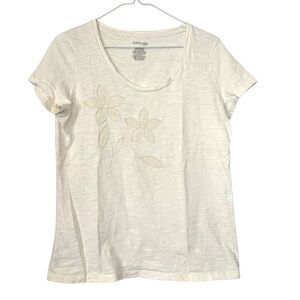 St. Johns Bay Slub Knit Cotton Embroidered Floral Short Sleeve Tee White Medium